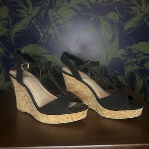 Charles David Black Canvas Wedge Heel Cork Ankle T-Strap Platform Sandals